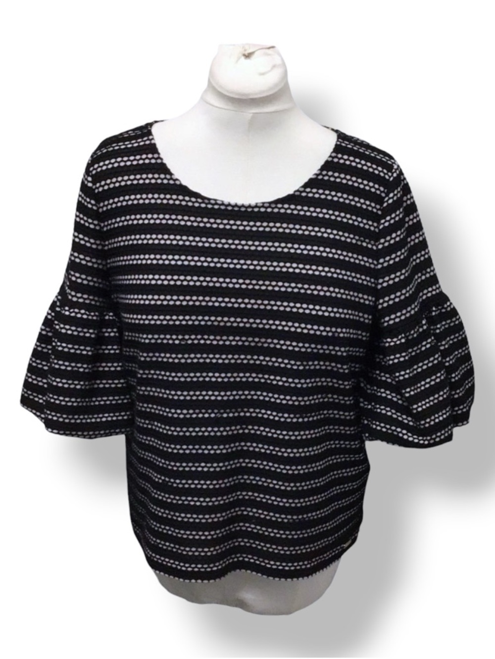 Calvin Klein Women’s Short Puff Lantern Sleeve Mesh Overlay Blouse Black/White L